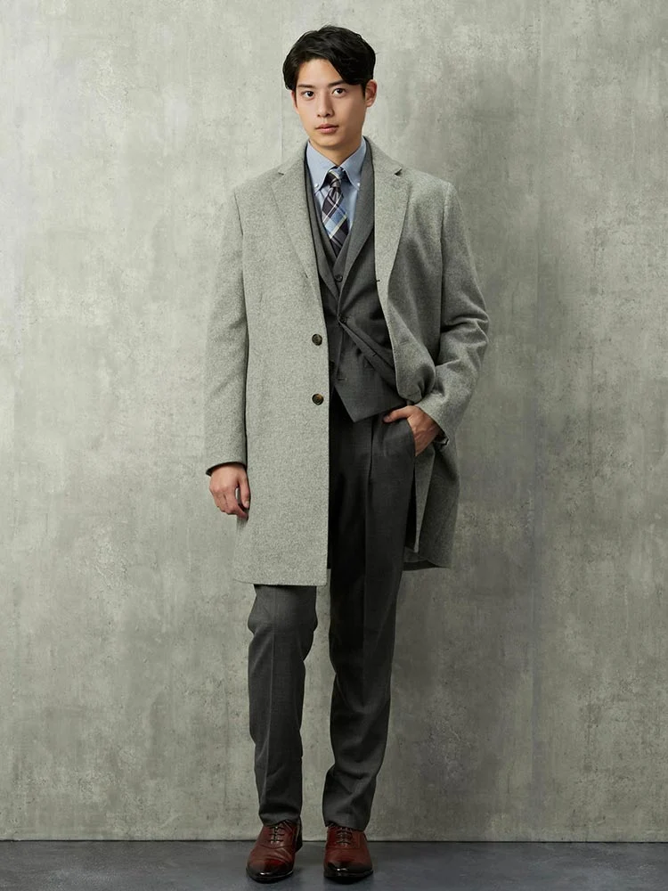 L．グレー カシミヤ混 ウールビーバー生地 チェスターコート ライト