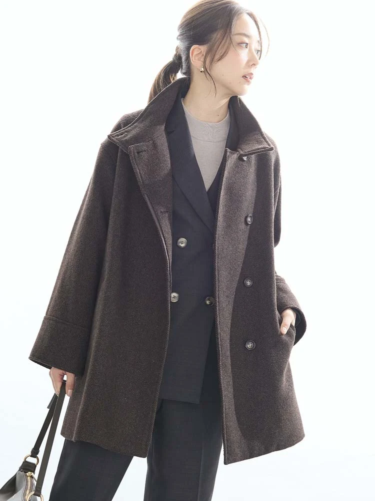 D．ブラウン ホームスパン ミドルスタンド ウールコート ブラウン