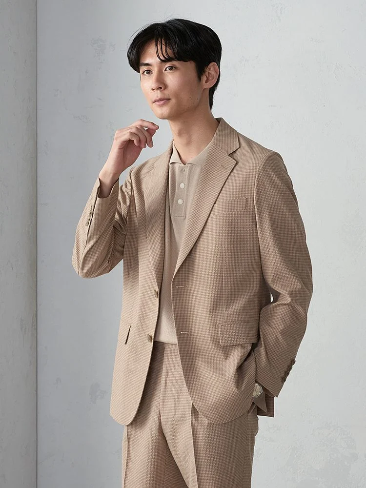 カーキー ウール×シアサッカー ギンガムチェック柄 セットアップ
