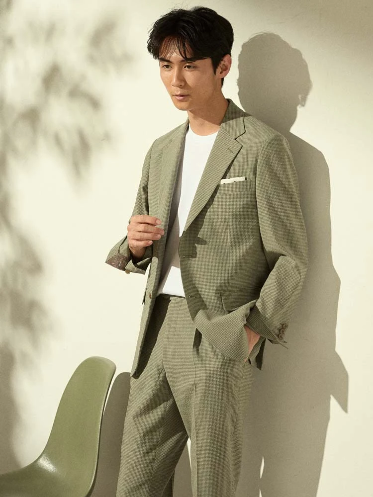 カーキー ウール×シアサッカー ギンガムチェック柄 セットアップ