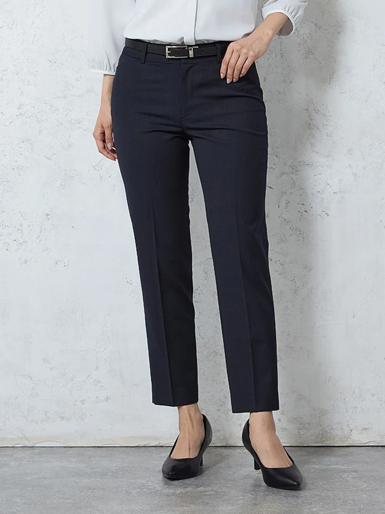 ネイビー ラク美スーツ 撥水加工 テーパードパンツ ストライプ