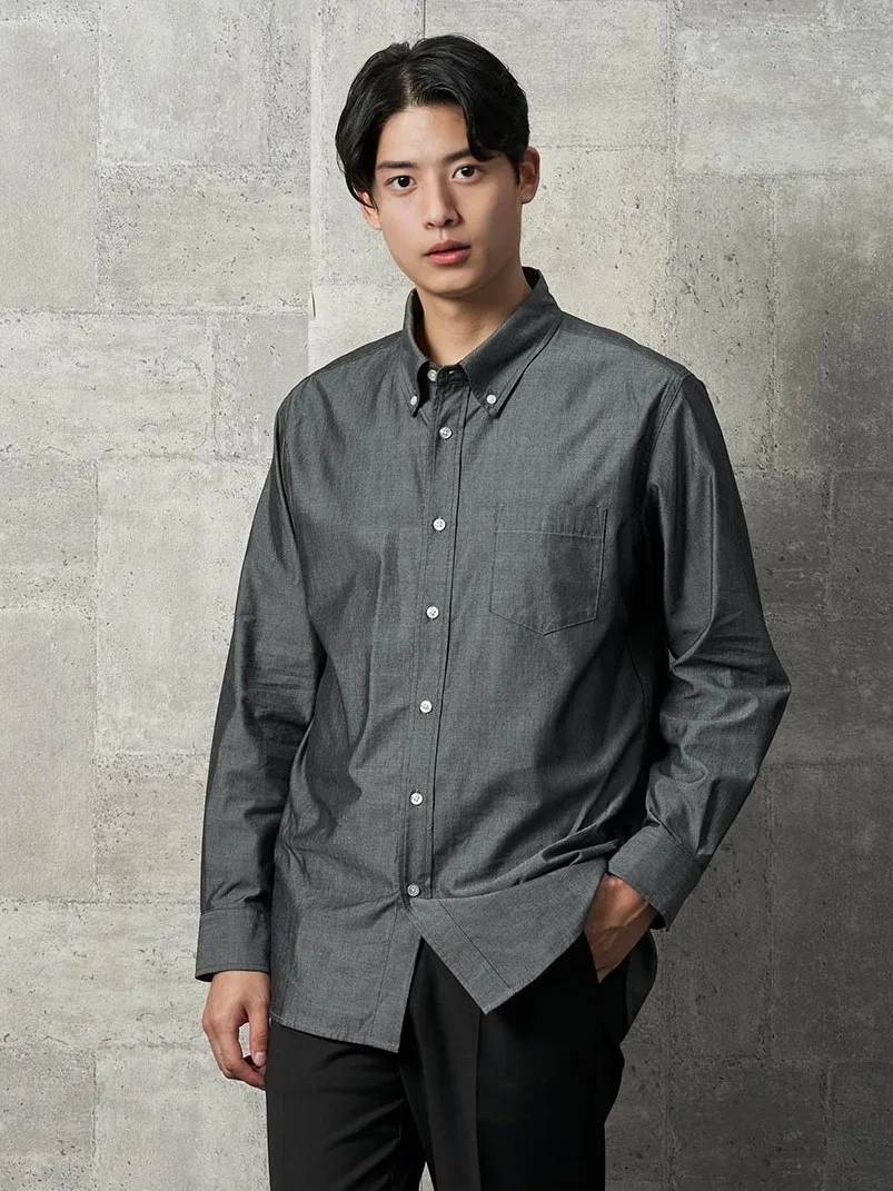 ネイビー TRANS CONTINENTS シャンブレー ボタンダウンシャツ ブラック