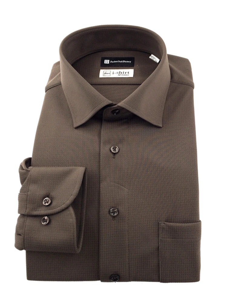 ブラウン 【完全ノーアイロン】長袖アイシャツ ダークカラー 千鳥柄