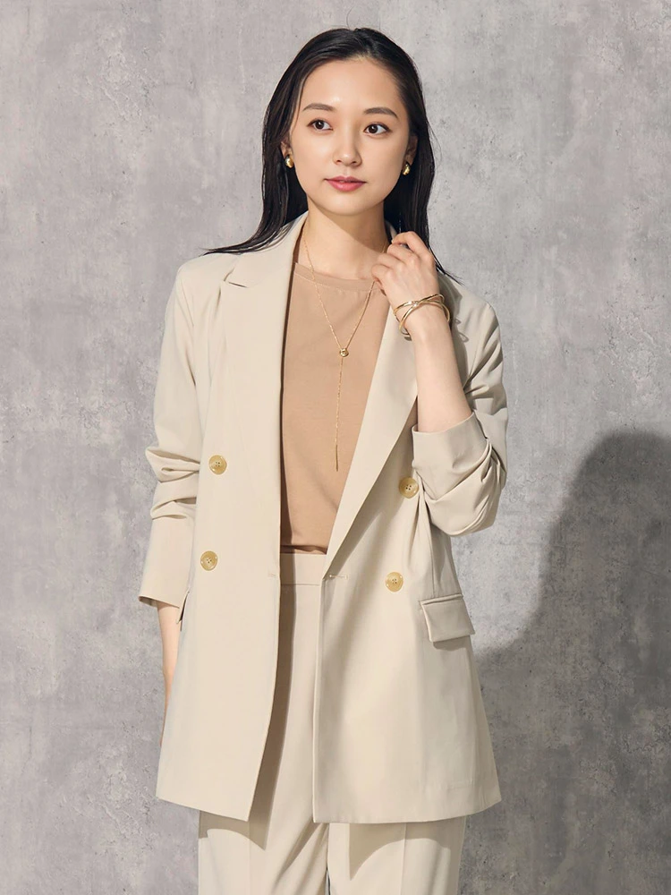 ベージュ 【UVカット/接触冷感】ストレッチスーツ ダブルジャケット