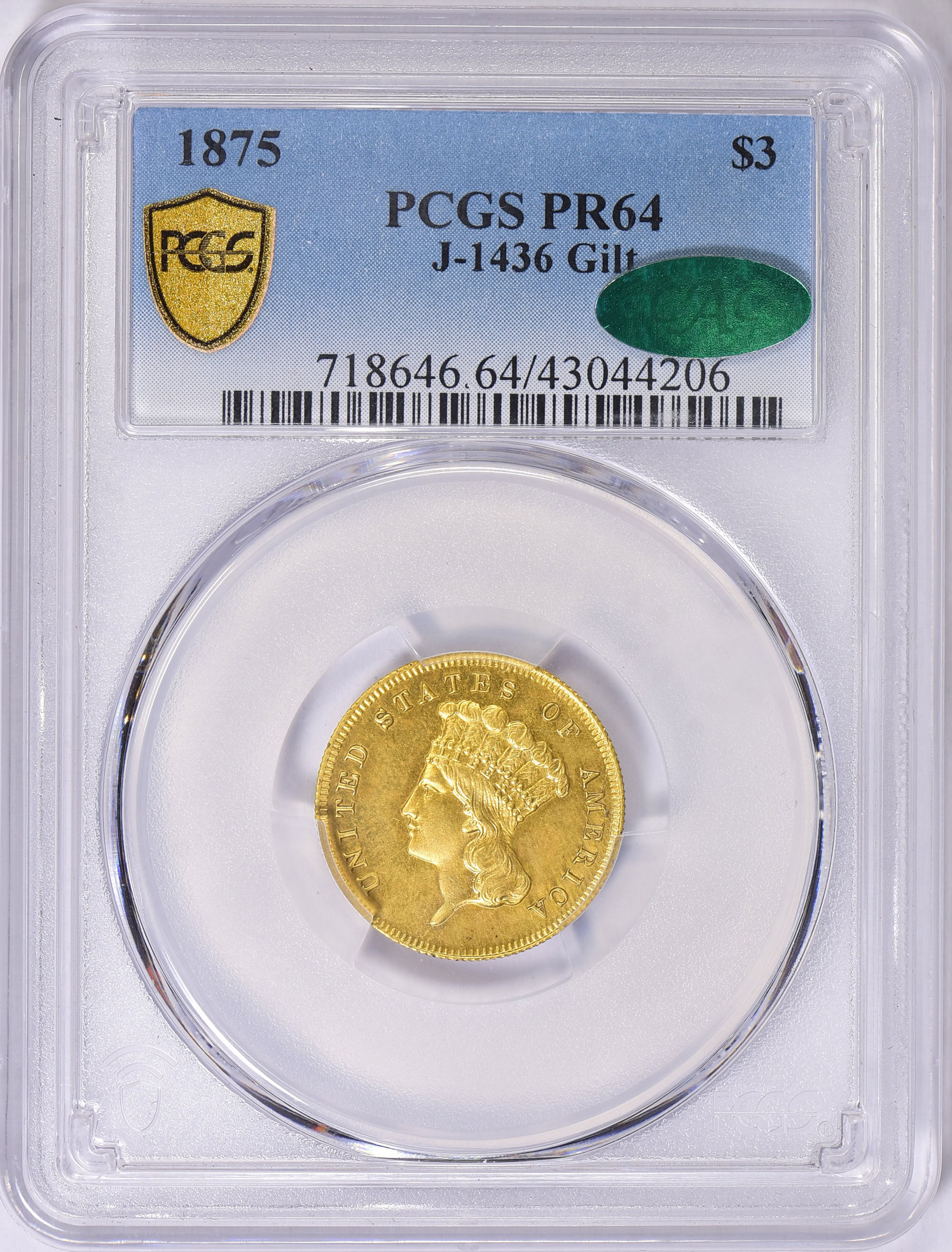Pattern 1875 $3 J-1436 Gilt PCGS Proof-64 (CAC Green) (Item