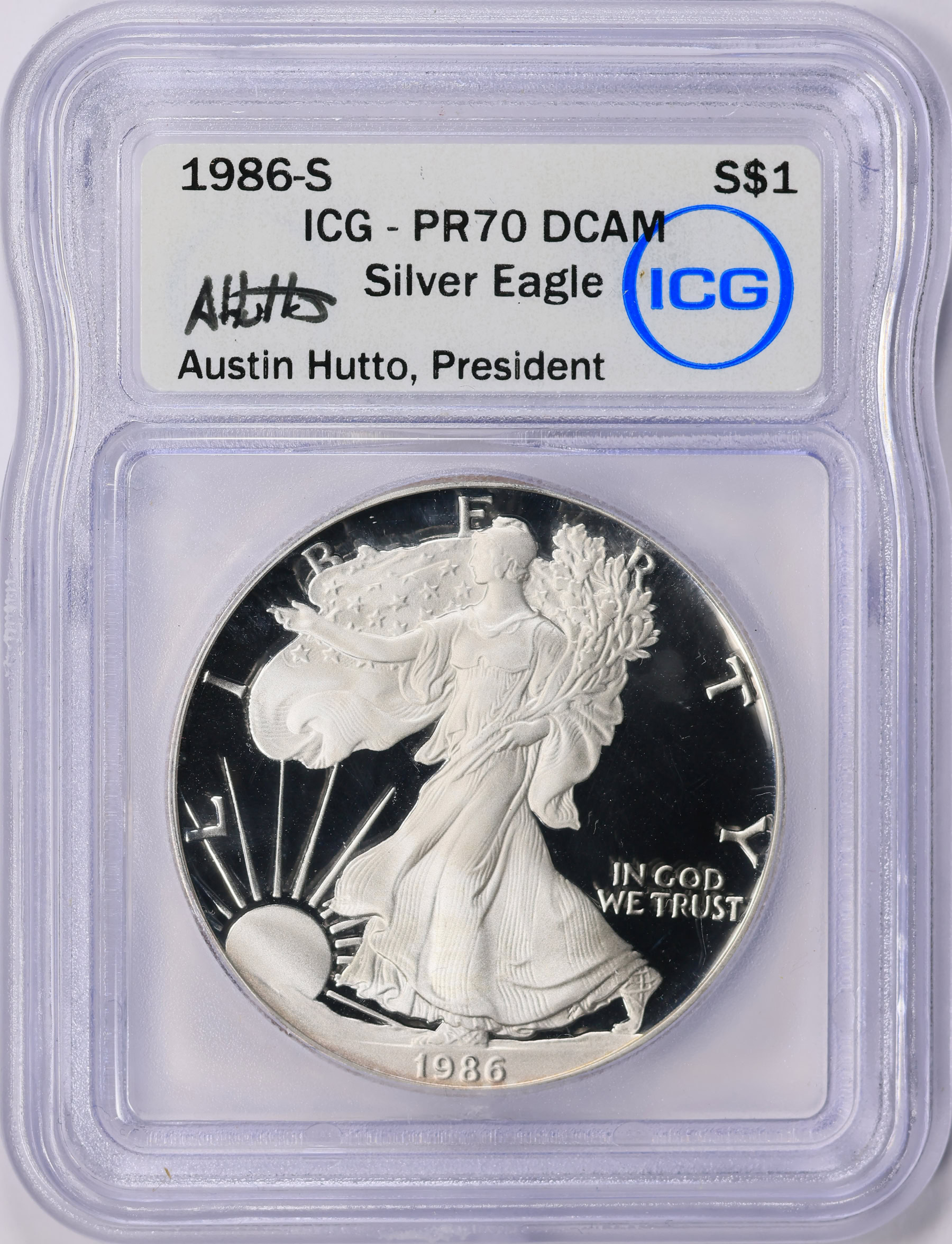 1986-S $1 Silver Eagle ICG Proof-70 DCAM (Austin Hutto Signed