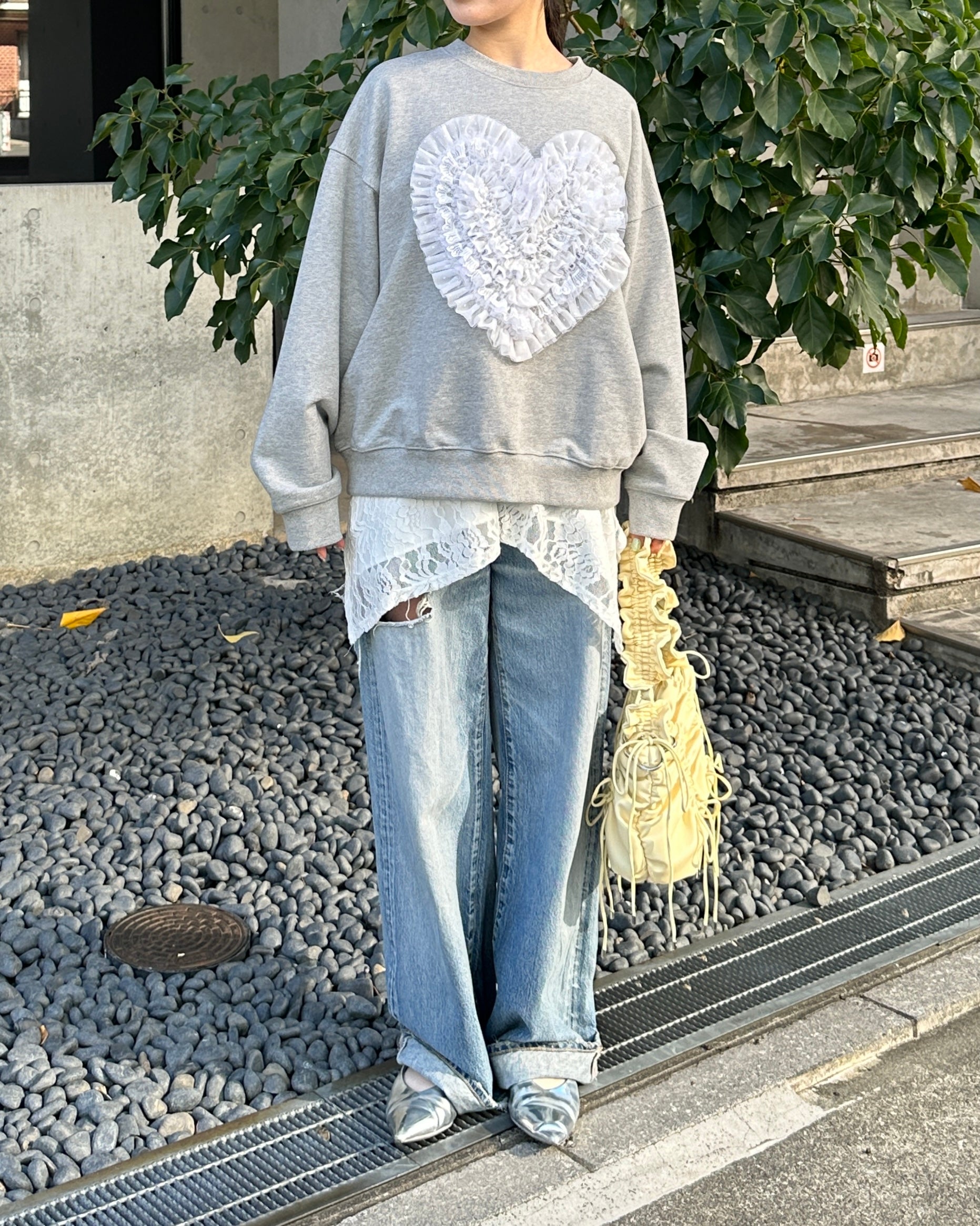Heart dot tulle sweatshirt (gray)