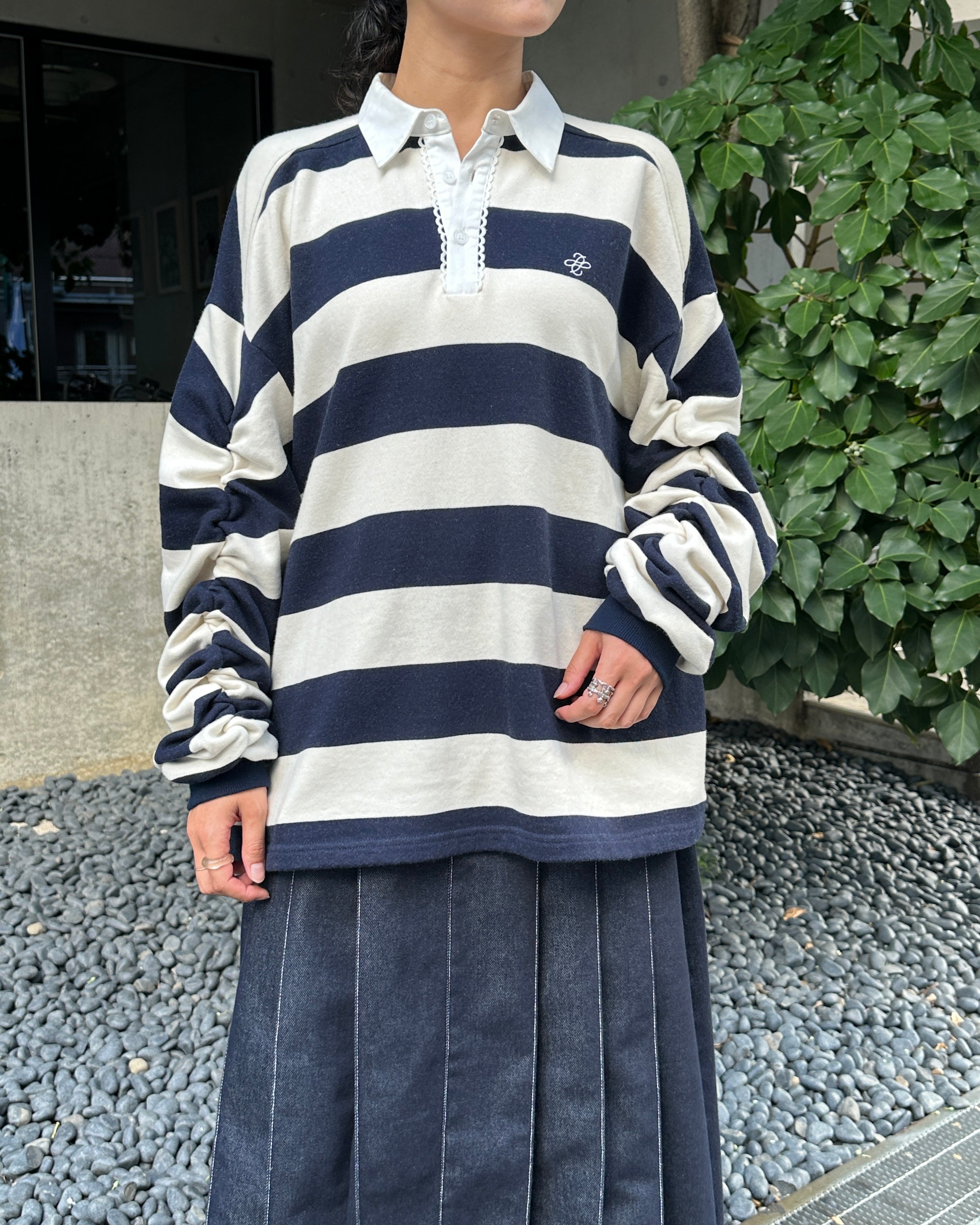 Gathered sleeve rugby shirt (ivory/navy)