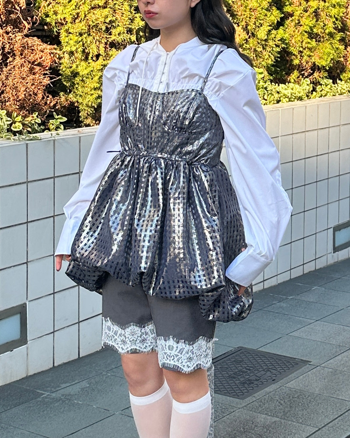 Metallic gingham balloon tunic