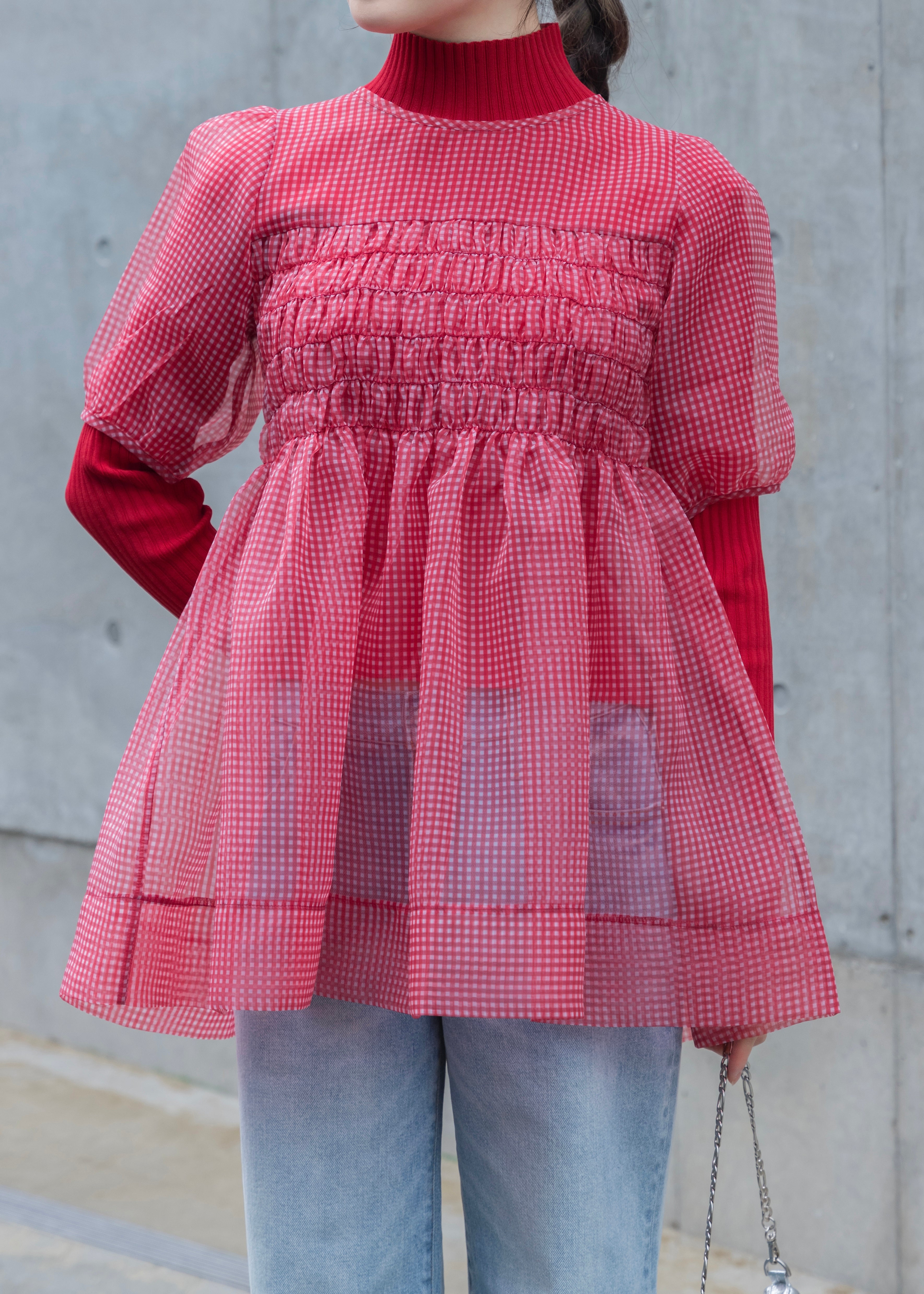 Gingham organza shirred tunic (red)