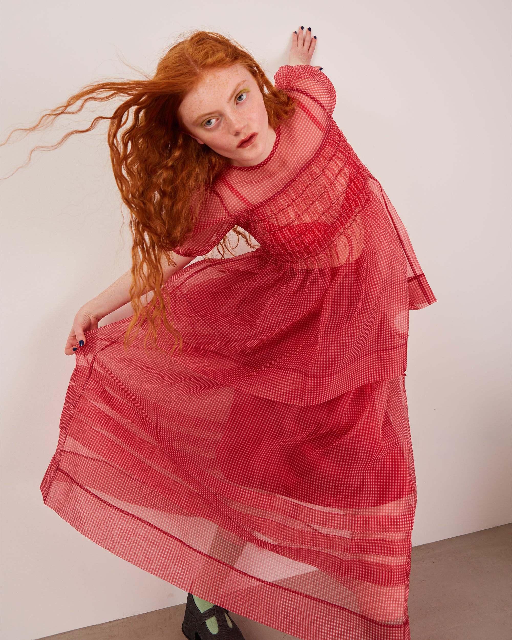 Gingham organza tuck skirt (red)