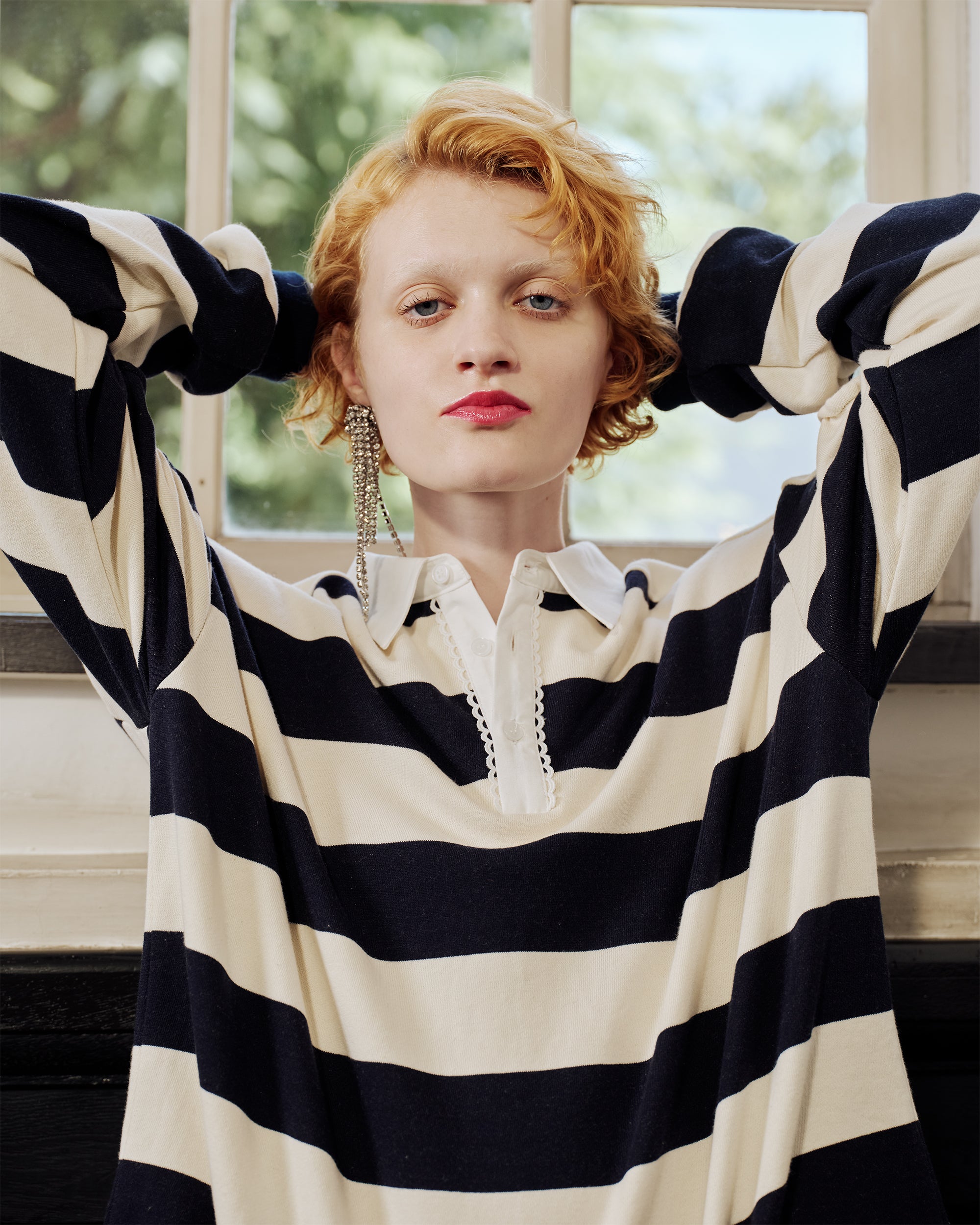 Gathered sleeve rugby shirt (ivory/navy)