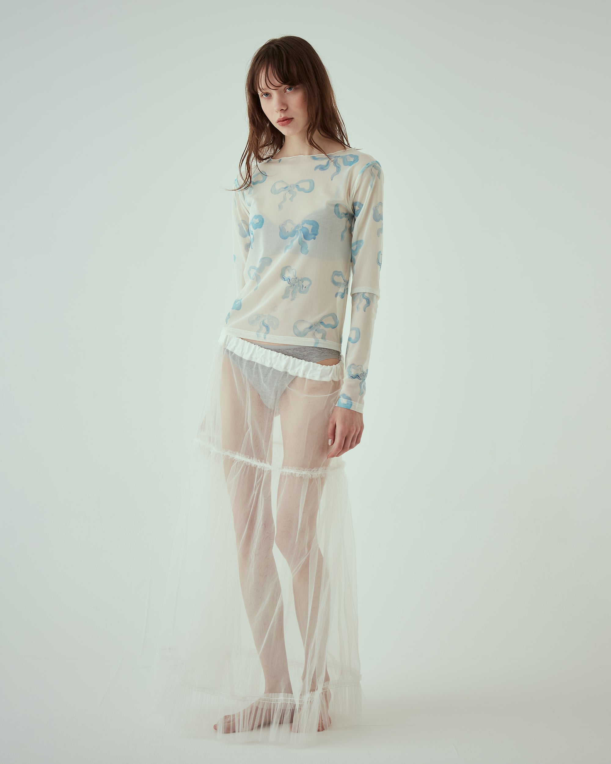 Baby blue ribbon see-through tops(Round neck)