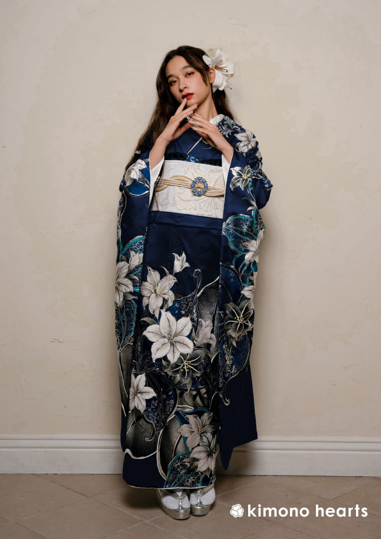 振袖 正絹 成人式 銀通し 紺 紺の振袖一覧 | kimono hearts | 成人式の