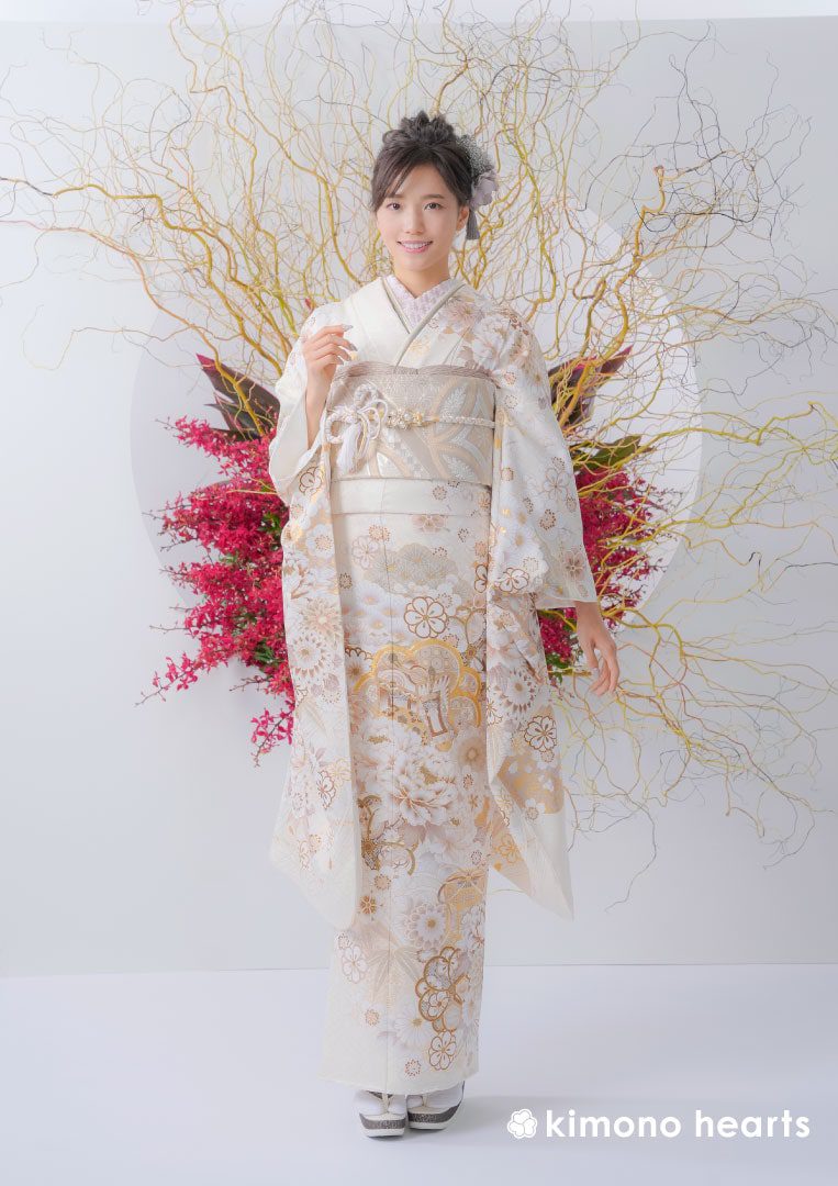 伝統古典】KH-409｜白地にくすみカラーで描かれた花や御所車。上品な