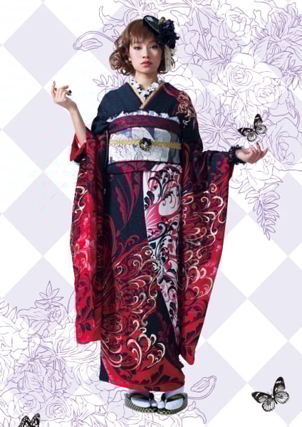 ゴシック】SA-K267｜黒地に赤の蝶が舞うゴシック振袖｜kimono hearts