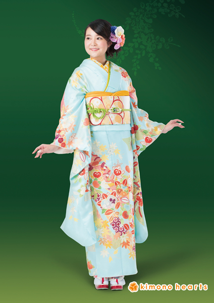 伝統古典】KH-266｜爽やかな水色に楓柄が可憐な古典振袖｜kimono