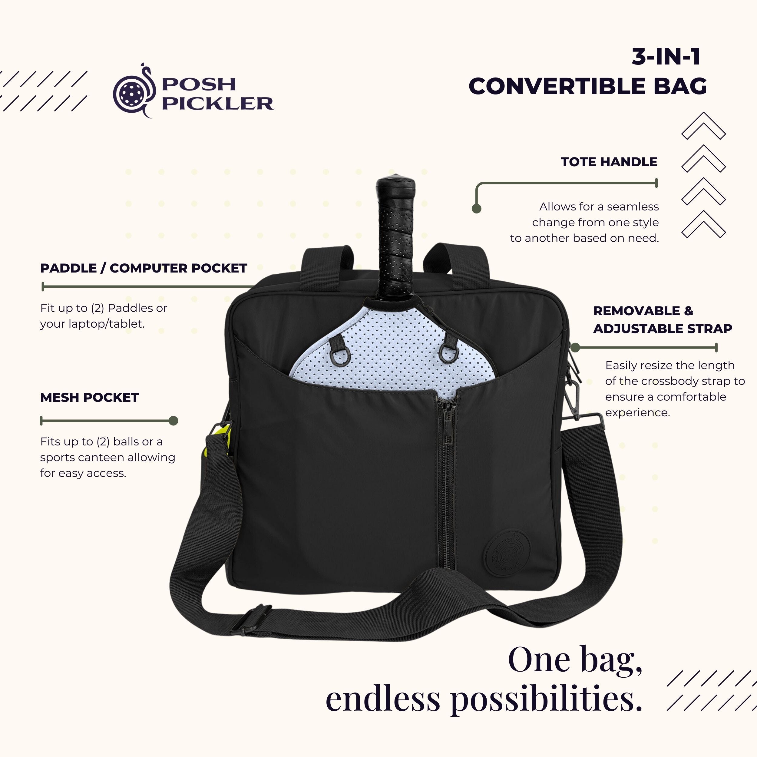 3-in-1 Pickleball Bag - Tote, Crossbody, Backpack in Black