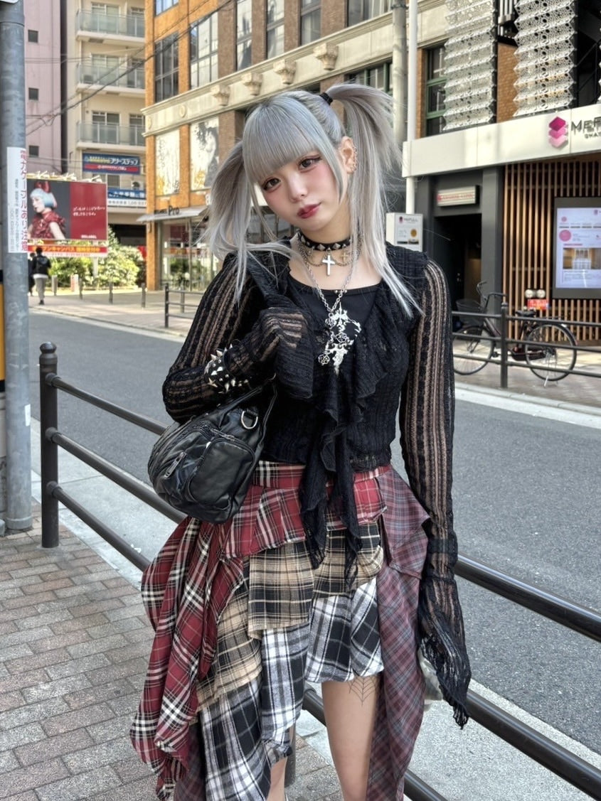 受注制【Never mind the XU】asymmetry check skirt / 【エックスユー