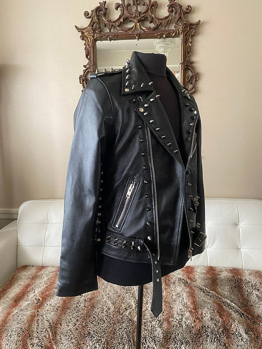 High Quality Lambskin Leather Mens Jacket w Black Studs, M – Punk