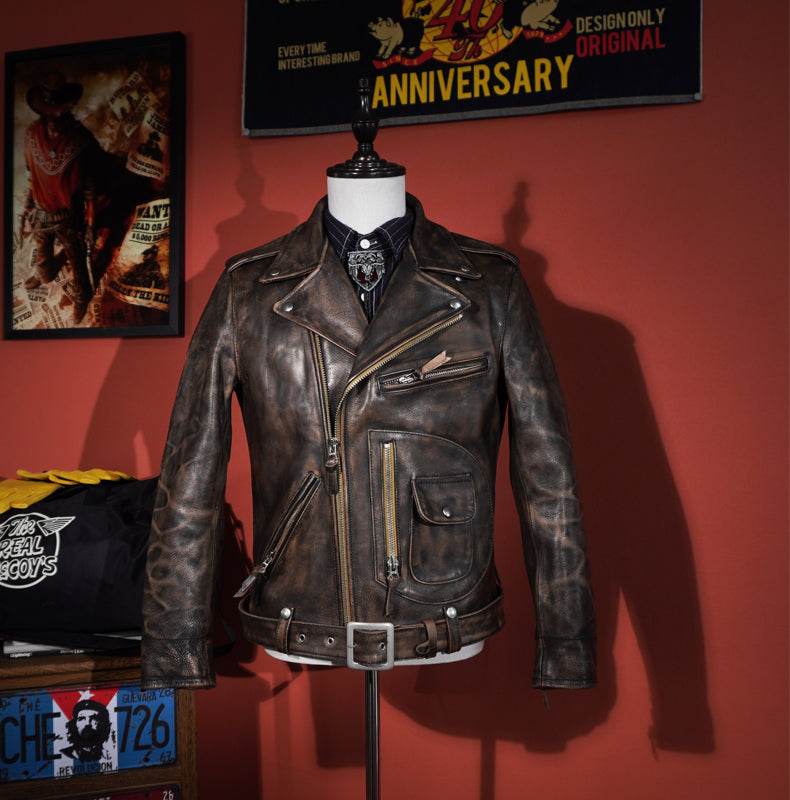 ◇50's復刻 絶妙なヴィンテージ加工茶芯カウハイドレザー ダブル