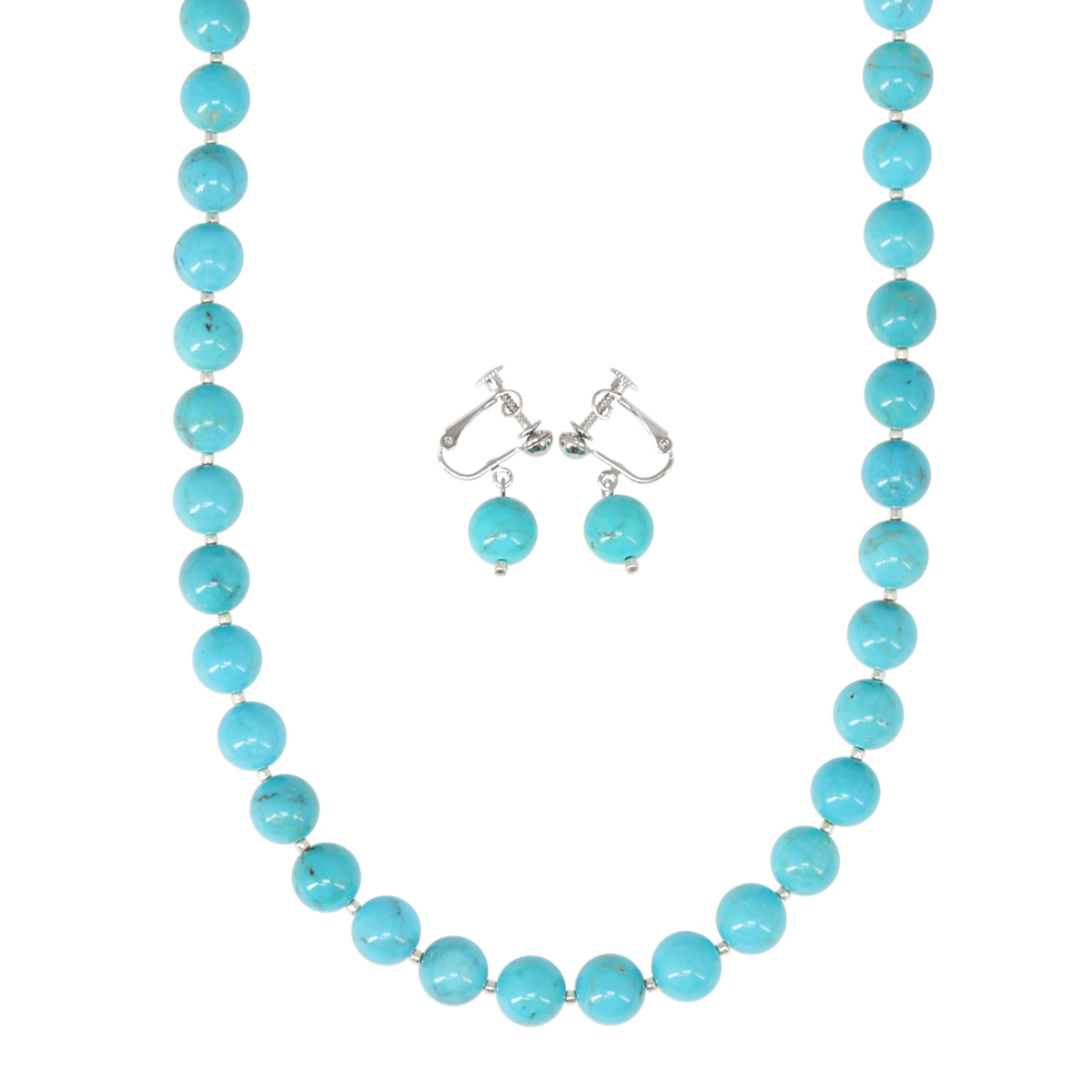 ターコイズ10mm珠ネックレス&イヤリング/ピアスセット - QVC.jp