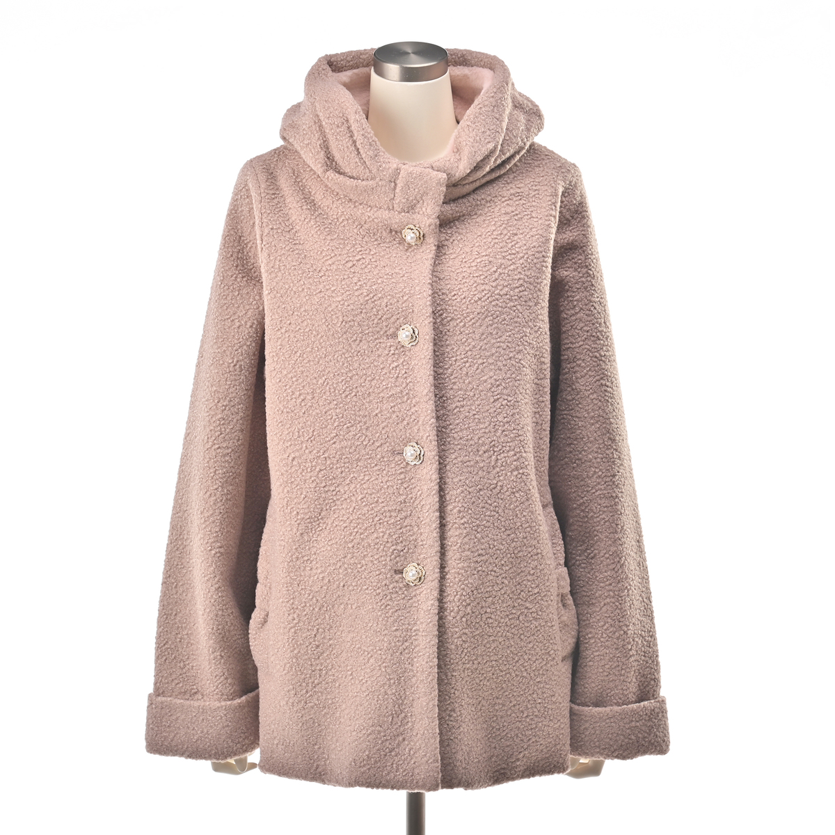 &LOVE カメリアビジューボタンのふわふわブークレーコート アンドラブ