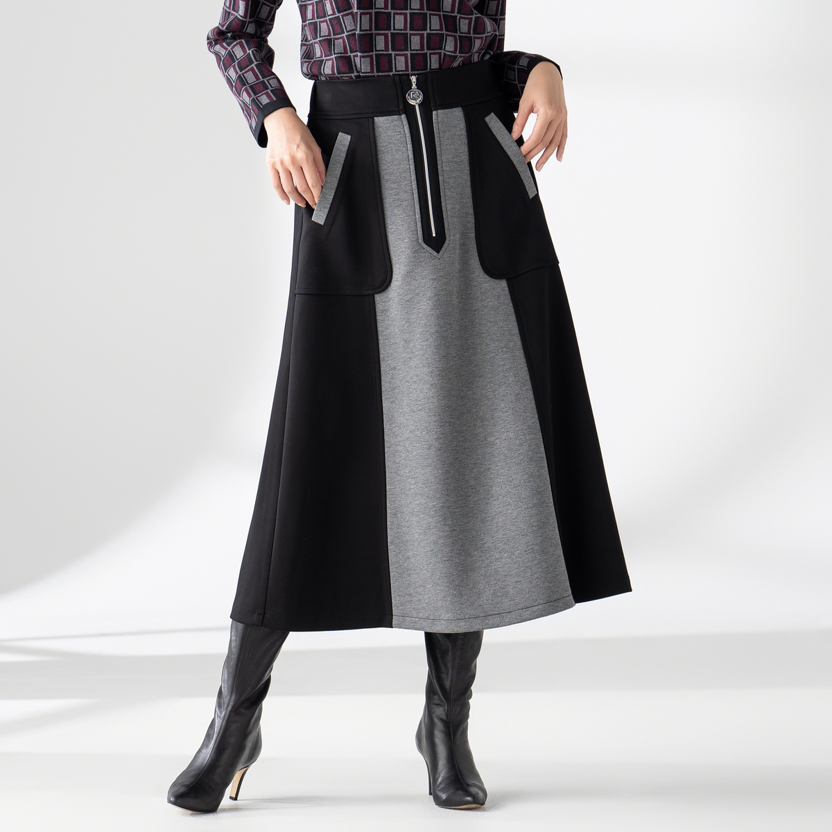 PCD カラーブロッキングのジップアクセントナロースカート ピエール