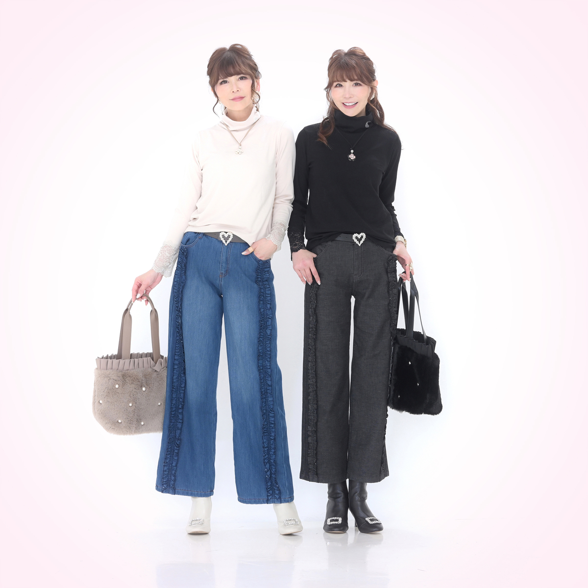 &LOVE サイドふりるの裏フリースデニムパンツ アンドラブ（&LOVE