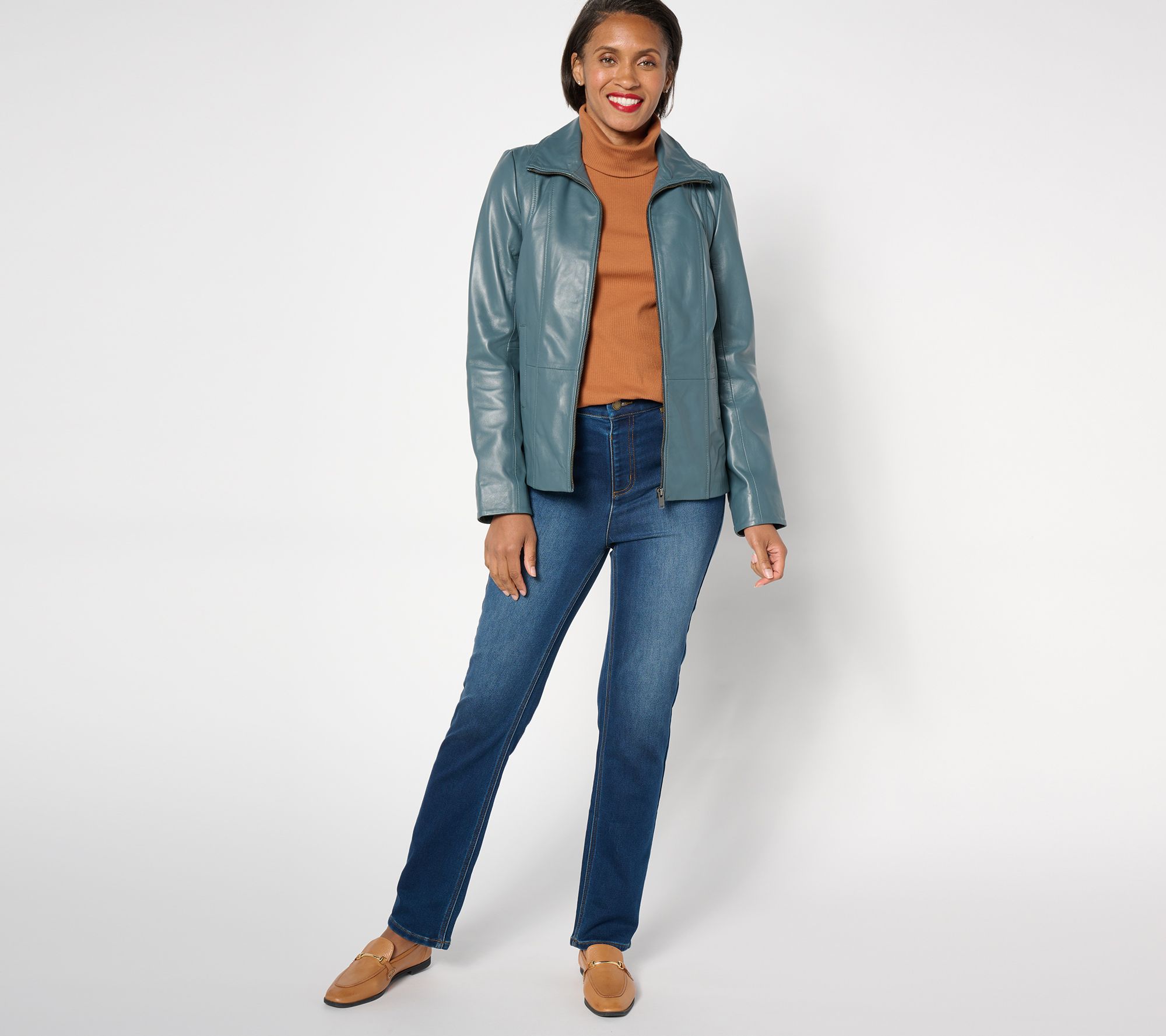 Denim & Co. Lamb Leather Zip Front Seamed Jacket with Pockets