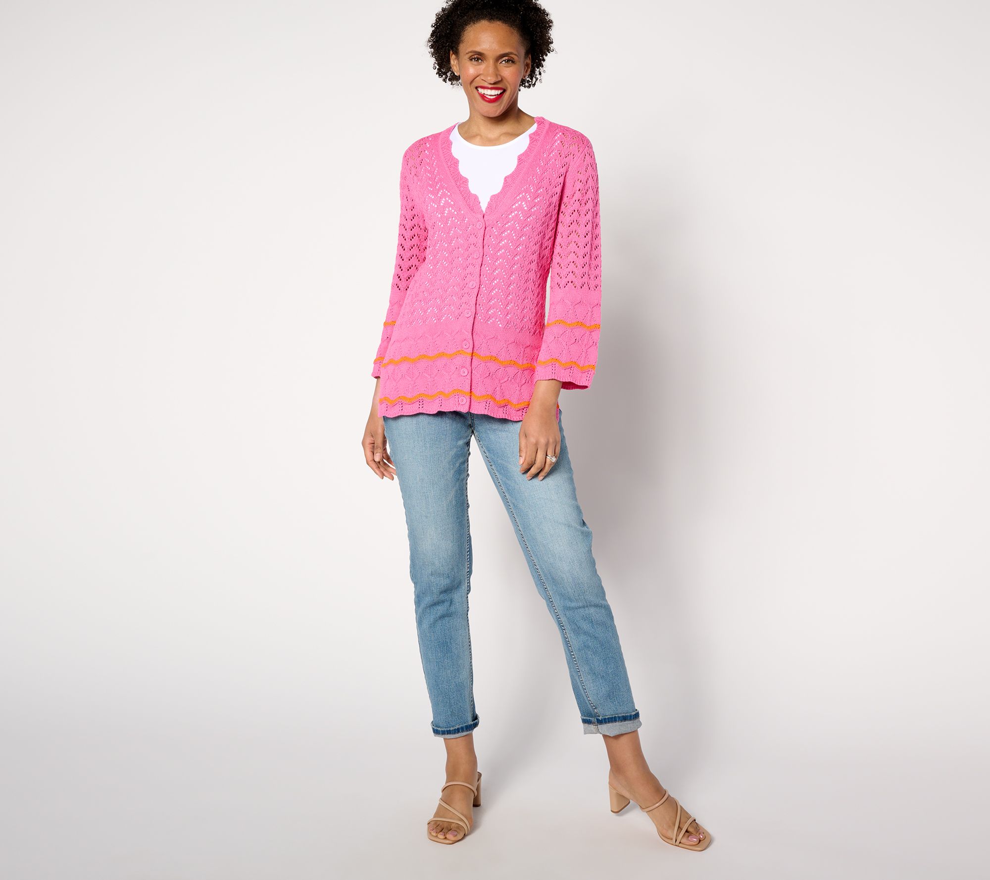 Isaac Mizrahi Live! Button Front Pointelle Cardigan with Wave