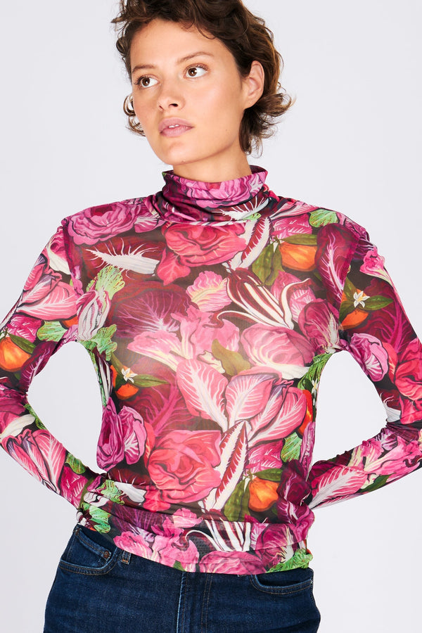 LILLIAN MESH TURTLENECK IN RADICCHIO PRINT | Rachel Antonoff
