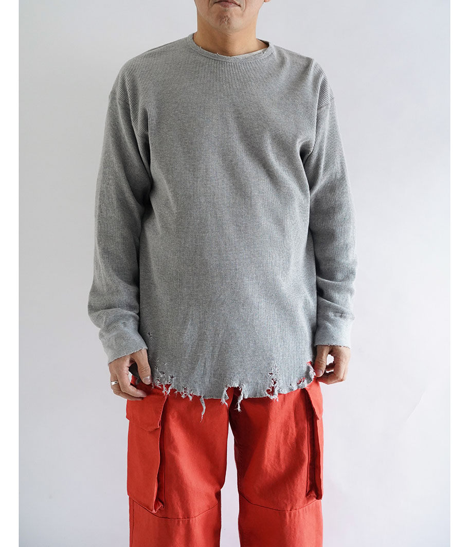 ANCELLM DAMAGE WAFFLE CREW LS T-SHIRT [GRAY] - Fresh Service