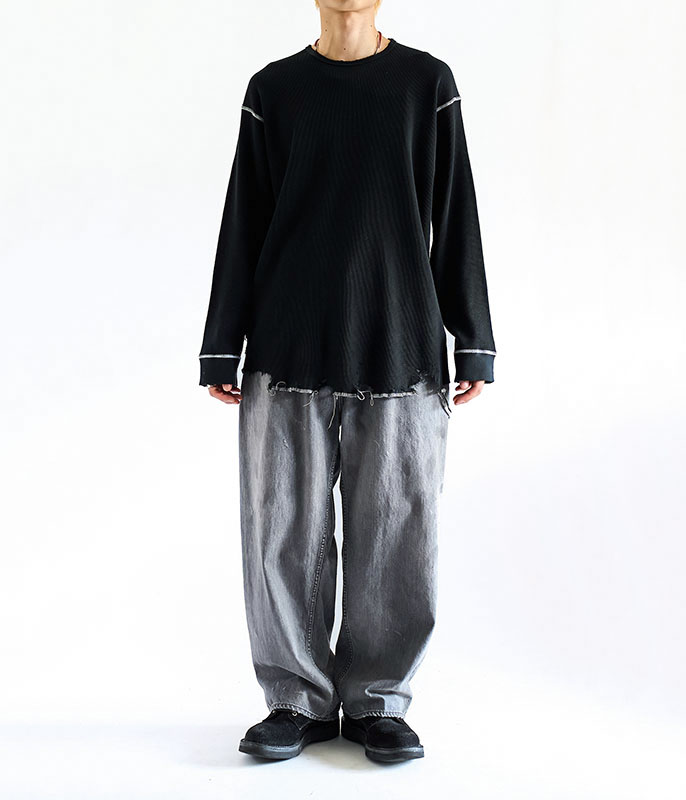 ANCELLM DAMAGE WAFFLE CREW LS T-SHIRT [BLACK] - Fresh Service