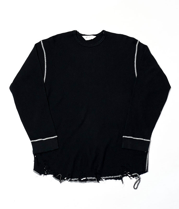 ANCELLM DAMAGE WAFFLE CREW LS T-SHIRT [BLACK] - Fresh Service