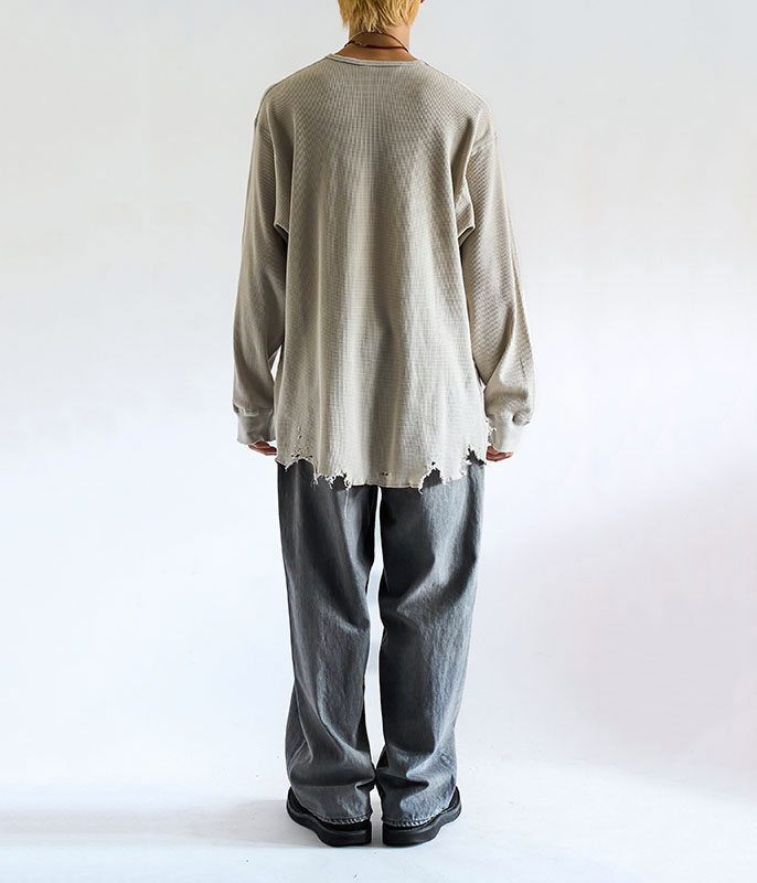 ANCELLM DAMAGE WAFFLE CREW LS T-SHIRT [GREIGE] - Fresh Service