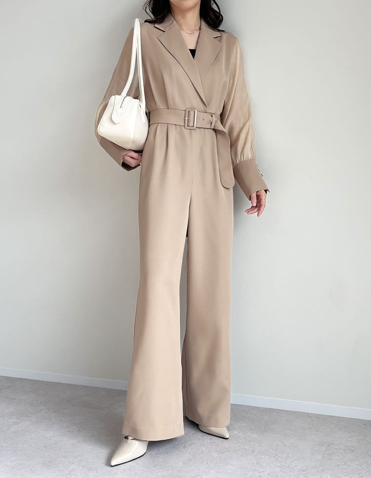 ベルト付きシアーボリュームスリーブオールインワン - オールインワン