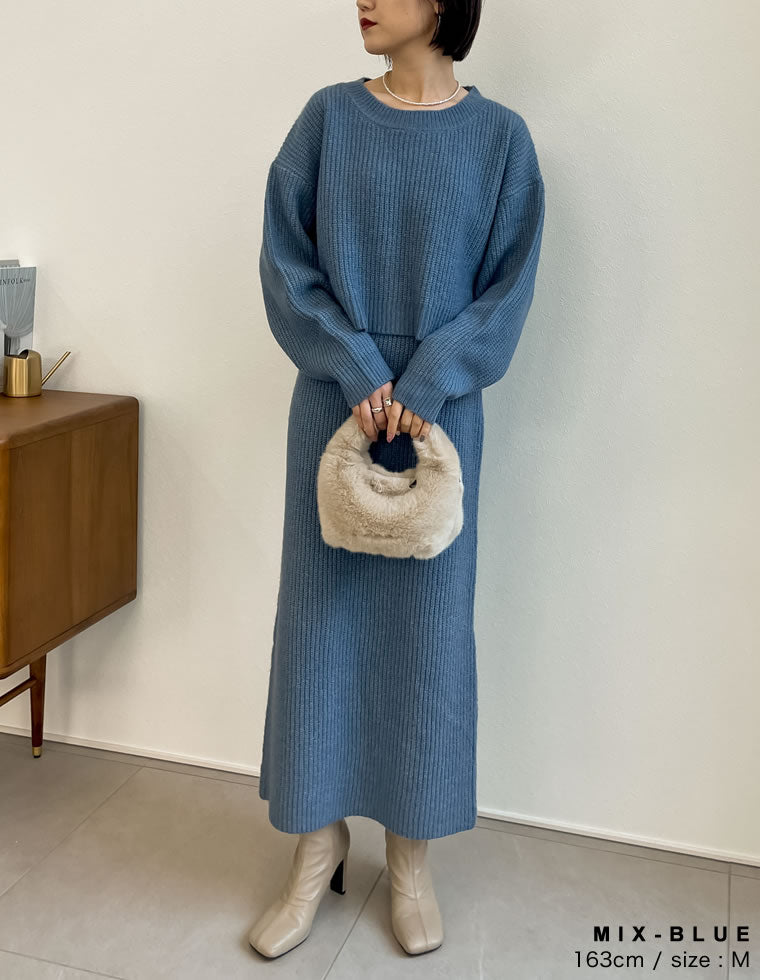 ボリュームスリーブショート丈MIXニットプルオーバー - トップス通販