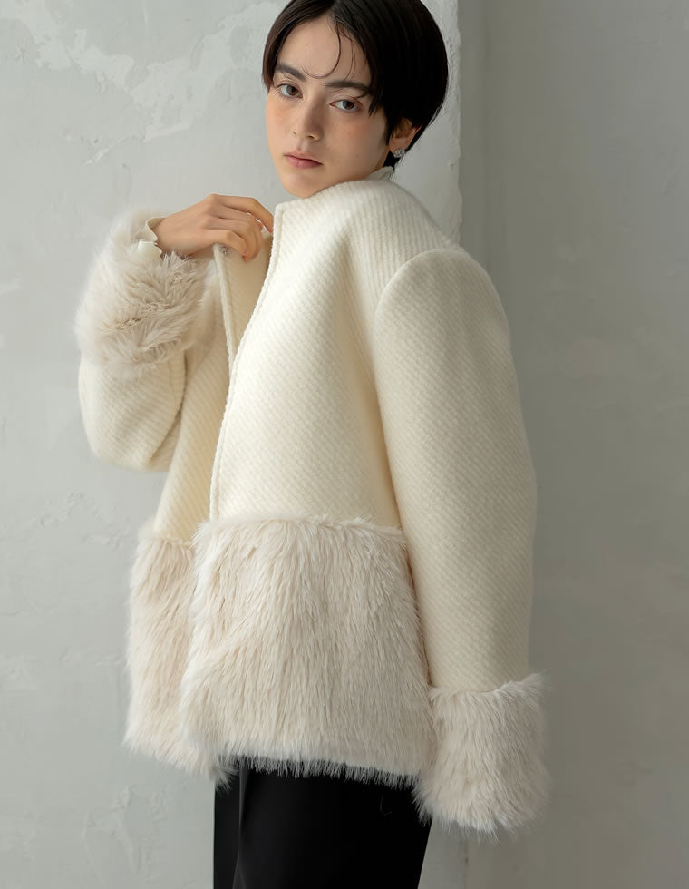 ノーカラーフェイクリングウールファー切り替えコート - ジャケット