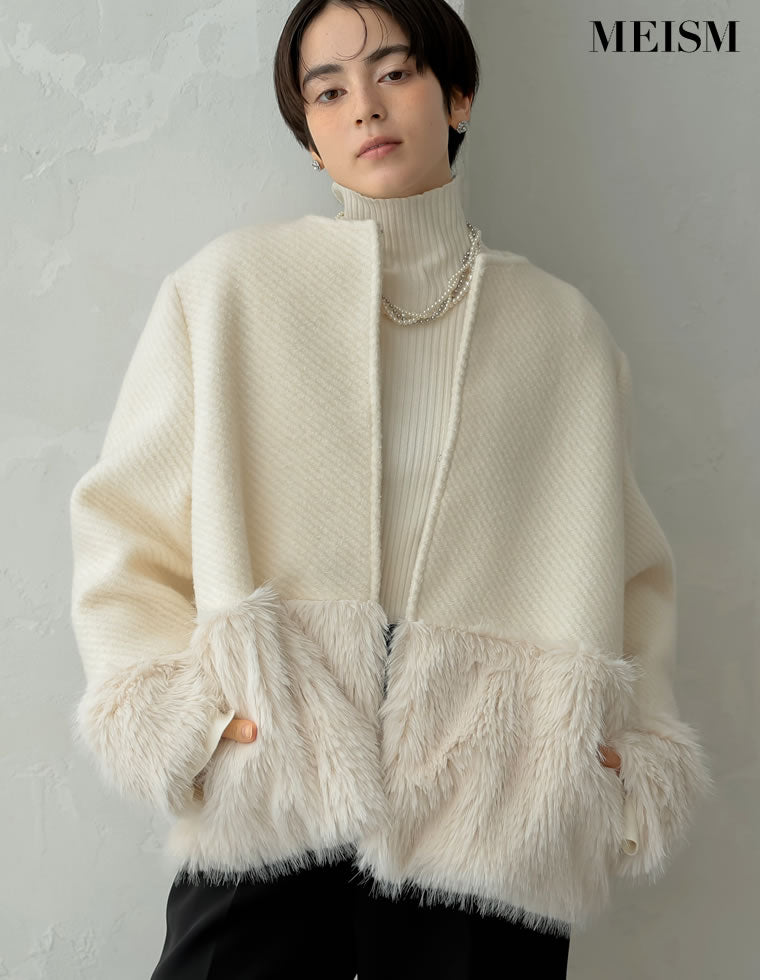 ノーカラーフェイクリングウールファー切り替えコート - ジャケット