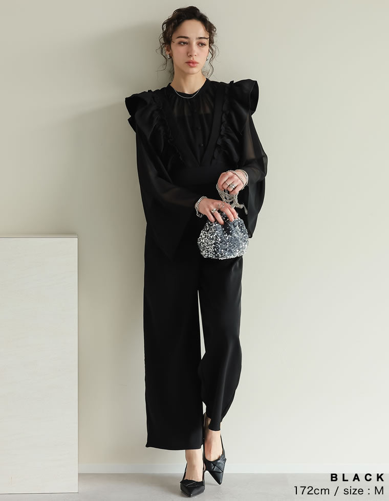 フロッキードットor無地フリルワイドストラップサロペット