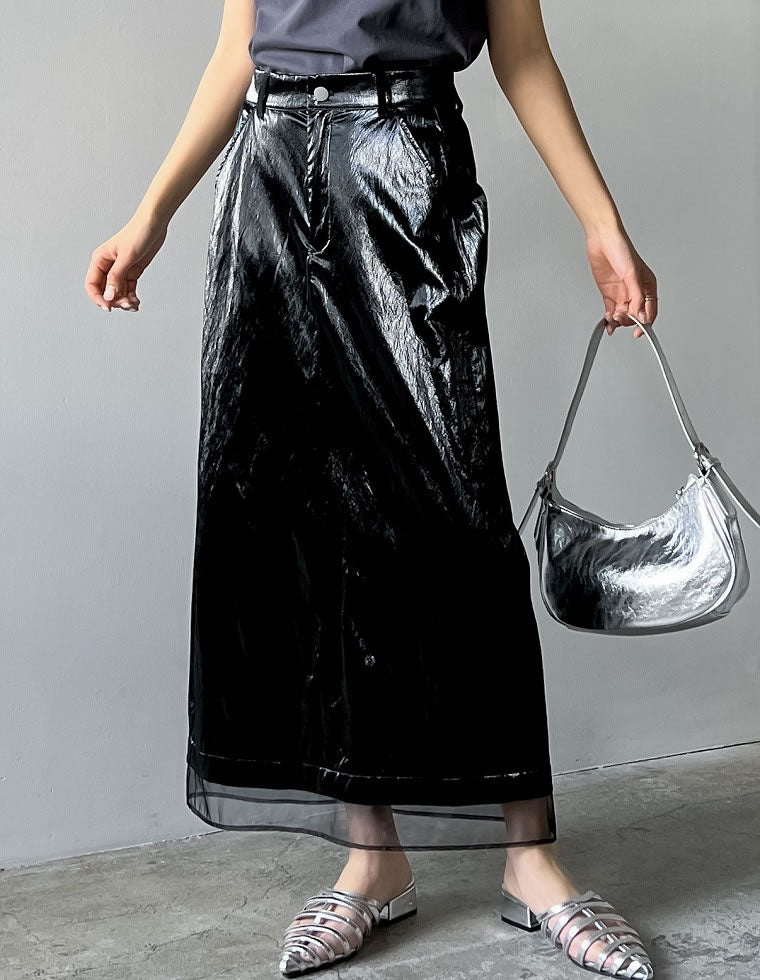 メタリックフェイクレザー×オーガンジータイトスカート - スカート通販