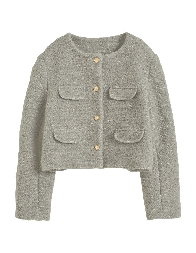 ボアリボン金釦ノーカラーツイードジャケット - ジャケット/アウター