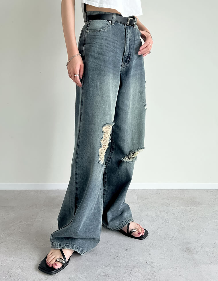 ワイドストレートダメージデニムパンツ - パンツ通販 | 人気レディース