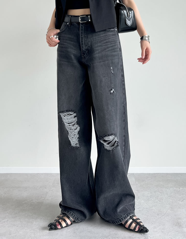 ワイドストレートダメージデニムパンツ - パンツ通販 | 人気レディース