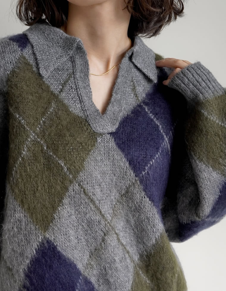 キーネックアーガイルモヘアニットトップス - トップス通販 | 人気