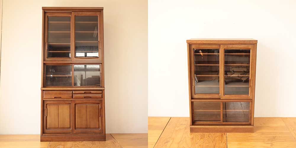 メンテ済】アンティークの二段収納棚 上下分割可 総桐 食器棚 剥離無