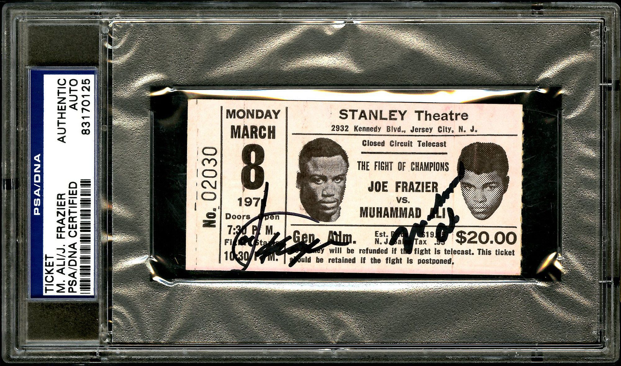 MUHAMMAD ALI AND JOE FRAZIER DUAL-SIGNED TICKET STUB FOR MARCH 8