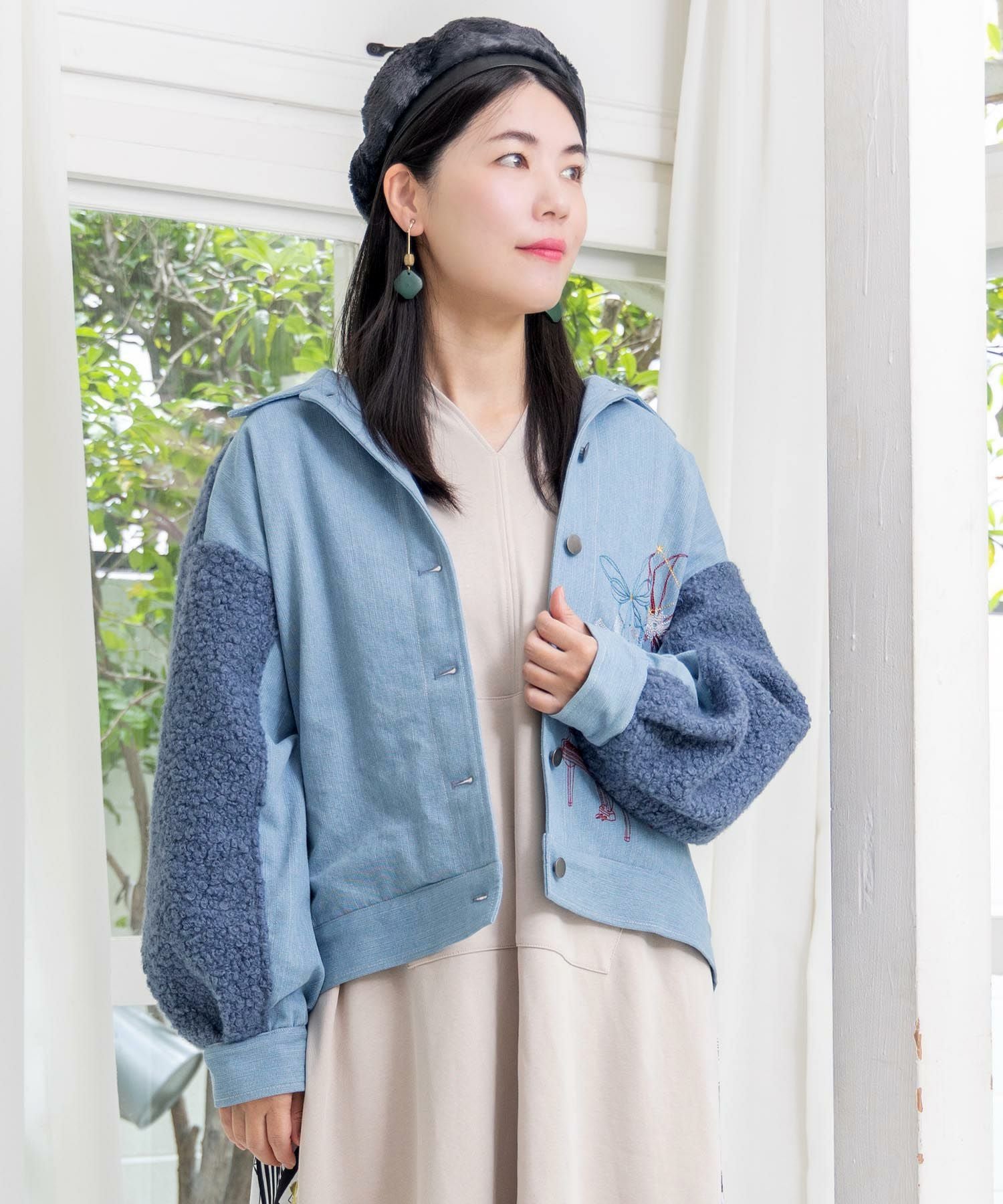 553250：花蝶刺繍デニム×プードルボア 切替ジャケットの通販-ScoLar