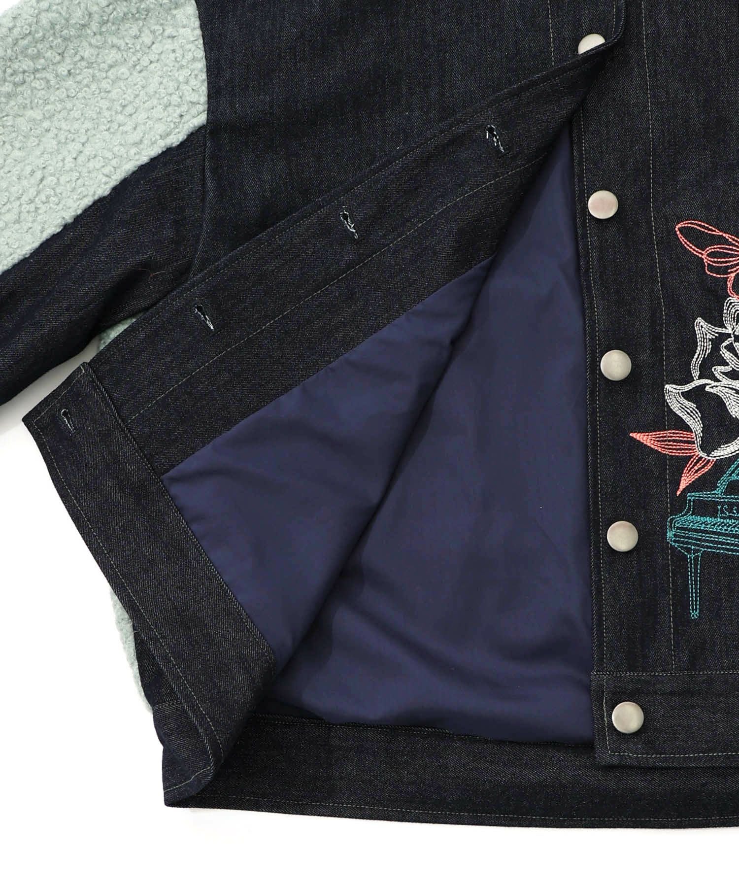 553250：花蝶刺繍デニム×プードルボア 切替ジャケットの通販-ScoLar
